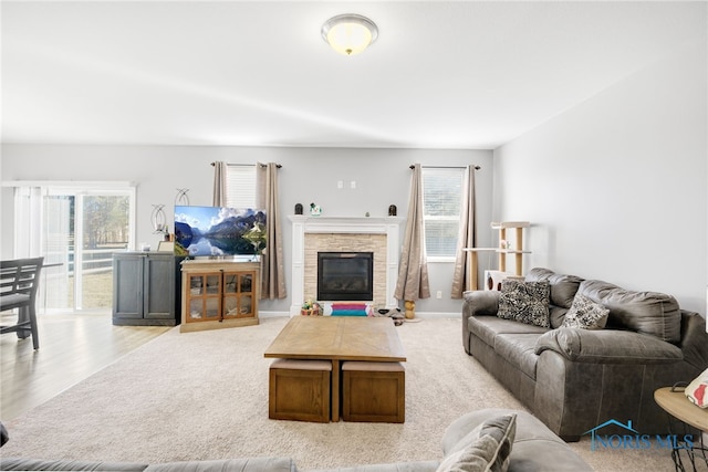 living room with a fireplace, a wealth of natural light, and light hardwood / wood-style floors