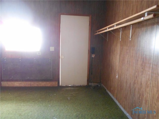 clothes washing area with wooden walls