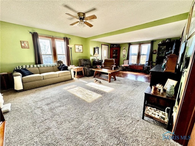 living room featuring ceiling fan, a healthy amount of sunlight, and a textured ceiling