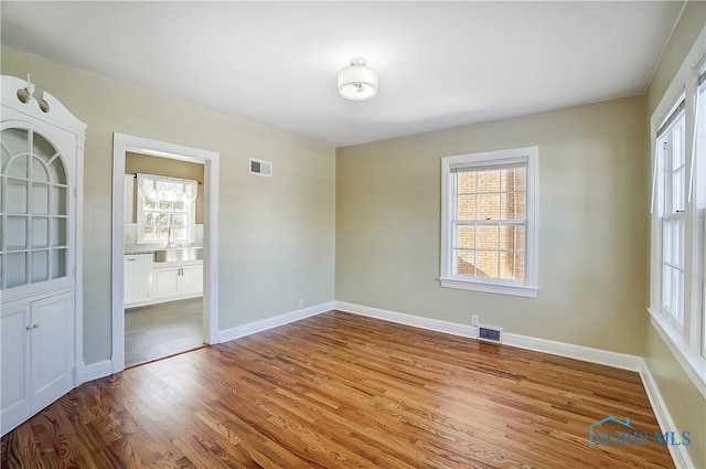 empty room featuring a healthy amount of sunlight, sink, and light wood-type flooring