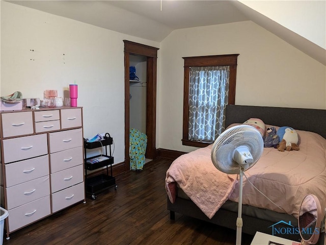 bedroom with vaulted ceiling and dark hardwood / wood-style floors