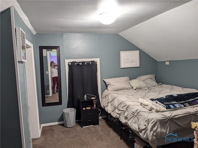 bedroom featuring vaulted ceiling, a textured ceiling, and carpet