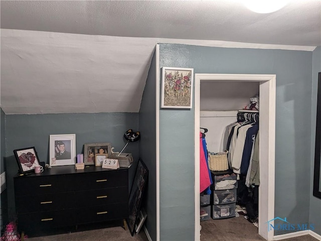 bedroom with vaulted ceiling, carpet flooring, a textured ceiling, and a closet