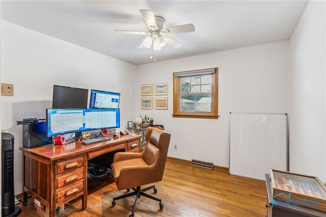 home office with ceiling fan and light hardwood / wood-style floors