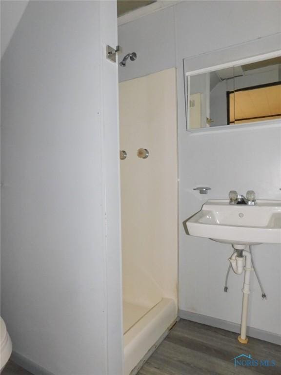 bathroom featuring walk in shower and wood-type flooring