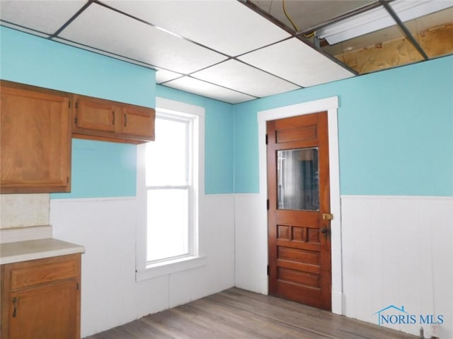 kitchen with a drop ceiling and light wood-type flooring