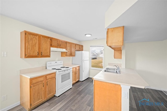 kitchen featuring white appliances, dark hardwood / wood-style flooring, kitchen peninsula, and sink