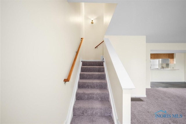 staircase with carpet floors