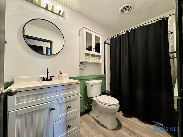 bathroom featuring vanity, wood-type flooring, and toilet