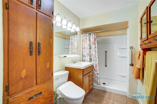 bathroom featuring toilet, tile patterned flooring, vanity, and walk in shower