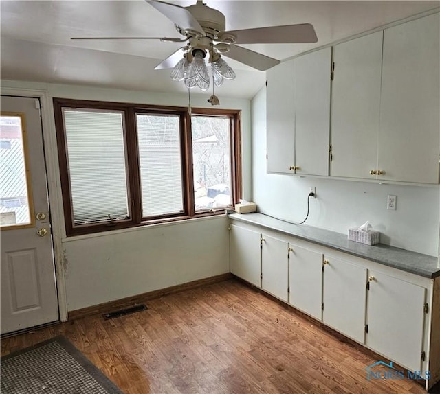 kitchen with light hardwood / wood-style flooring, white cabinetry, and a wealth of natural light