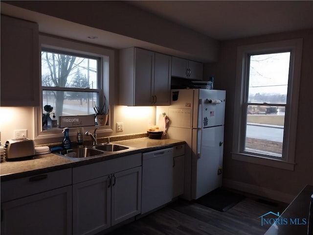 kitchen featuring white appliances, dark hardwood / wood-style flooring, gray cabinets, and sink