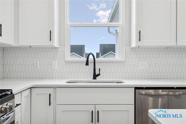 kitchen featuring stainless steel dishwasher, plenty of natural light, sink, and white cabinets