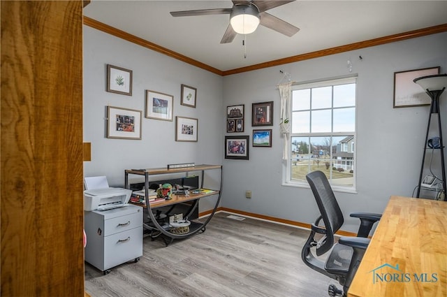 office space with crown molding, light hardwood / wood-style floors, and ceiling fan