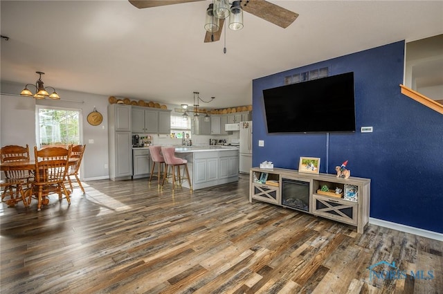 living room featuring hardwood / wood-style floors and ceiling fan with notable chandelier