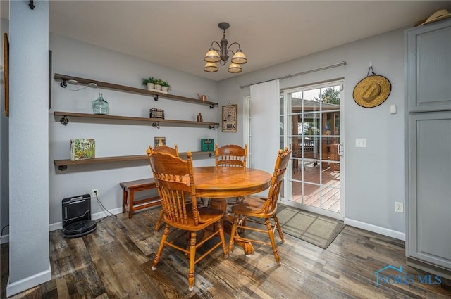 dining room with dark wood-type flooring and a chandelier