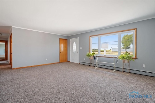 interior space featuring baseboard heating, crown molding, and carpet