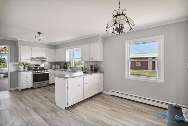 kitchen featuring white cabinetry, hanging light fixtures, a baseboard heating unit, light stone counters, and stainless steel range with gas stovetop