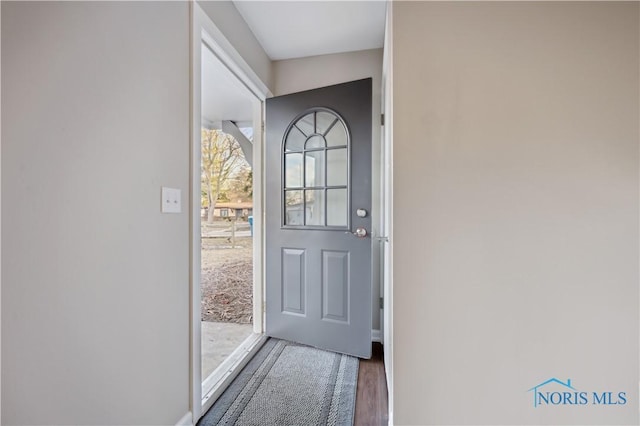 doorway with dark hardwood / wood-style flooring