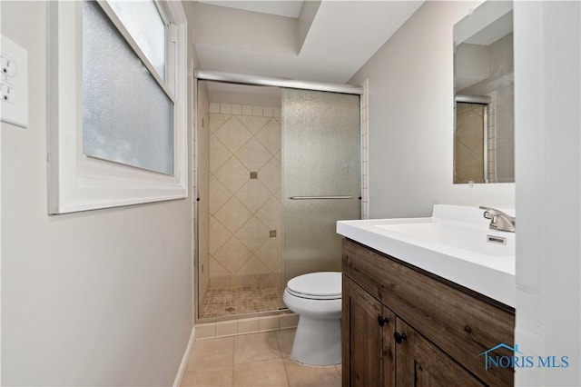 bathroom with tile patterned flooring, walk in shower, vanity, and toilet