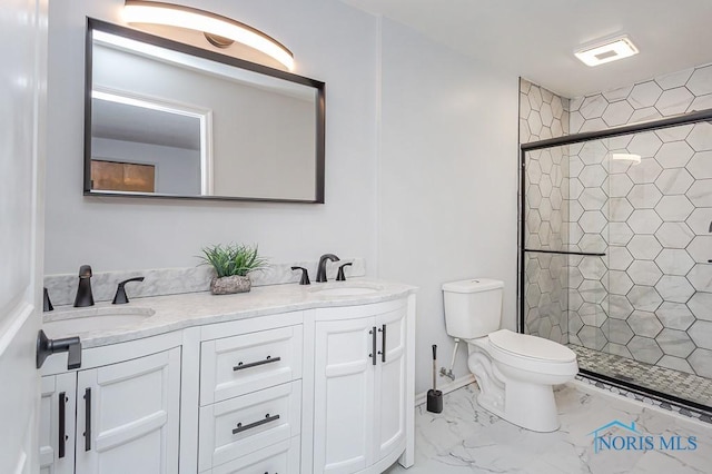 bathroom with walk in shower, vanity, and toilet