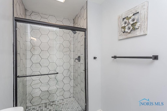 bathroom with a shower with shower door