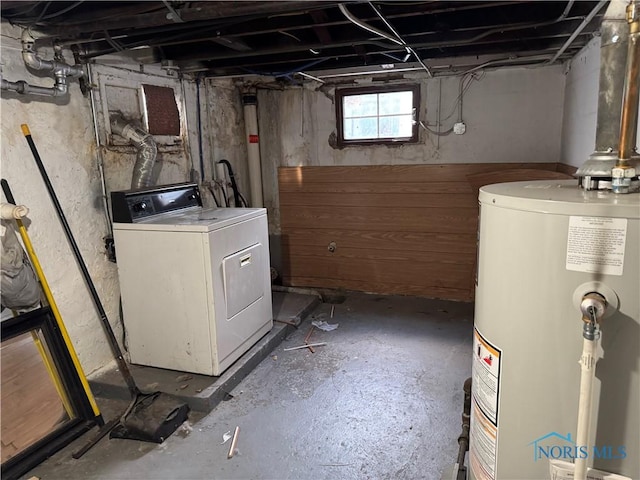 basement featuring washer / clothes dryer and gas water heater