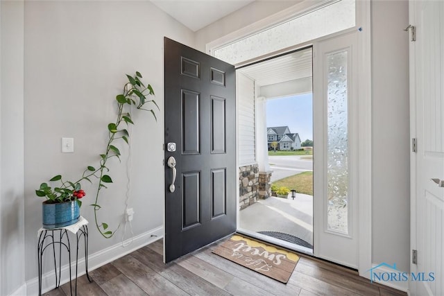 foyer entrance with hardwood / wood-style flooring