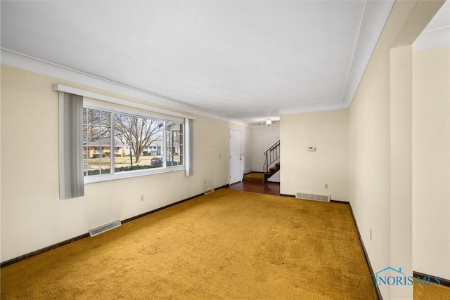 spare room with crown molding and carpet