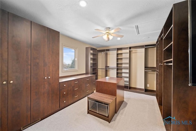 spacious closet featuring ceiling fan and light colored carpet