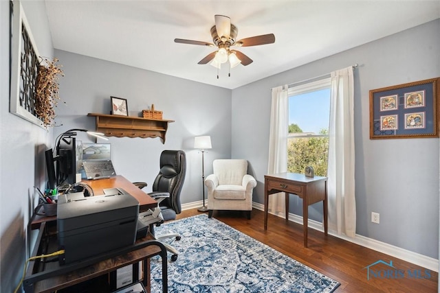 office area featuring dark hardwood / wood-style flooring and ceiling fan