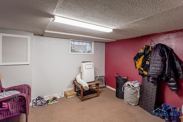 interior space with carpet flooring and a textured ceiling