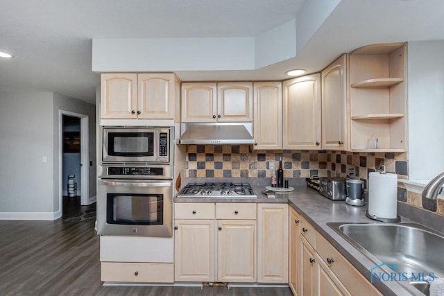 kitchen featuring appliances with stainless steel finishes, light brown cabinetry, sink, decorative backsplash, and dark wood-type flooring