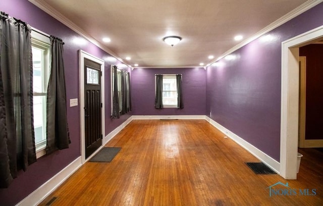 interior space with a wealth of natural light, ornamental molding, and wood-type flooring