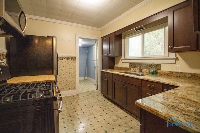 kitchen featuring sink, crown molding, appliances with stainless steel finishes, light stone counters, and dark brown cabinetry