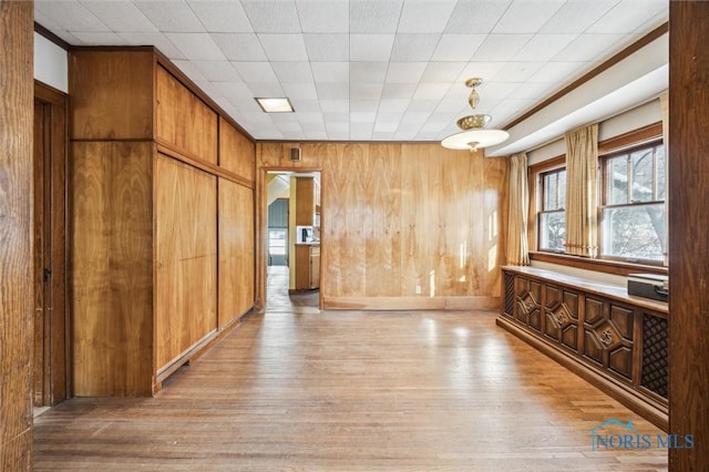 interior space featuring wooden walls and light hardwood / wood-style floors