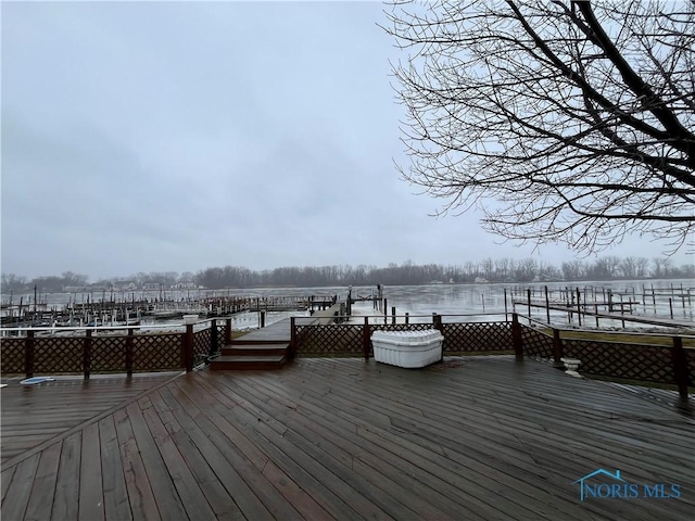 wooden deck featuring a water view and a dock