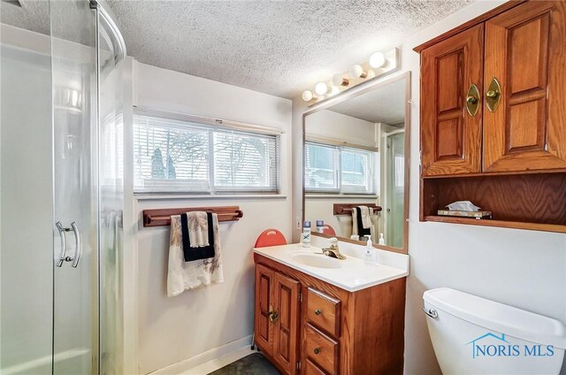 bathroom with vanity, toilet, a shower with shower door, and a textured ceiling