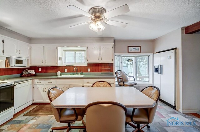 kitchen with white appliances, plenty of natural light, sink, and white cabinets