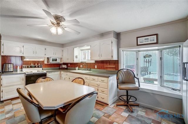 kitchen featuring white cabinetry, sink, white appliances, and a wealth of natural light