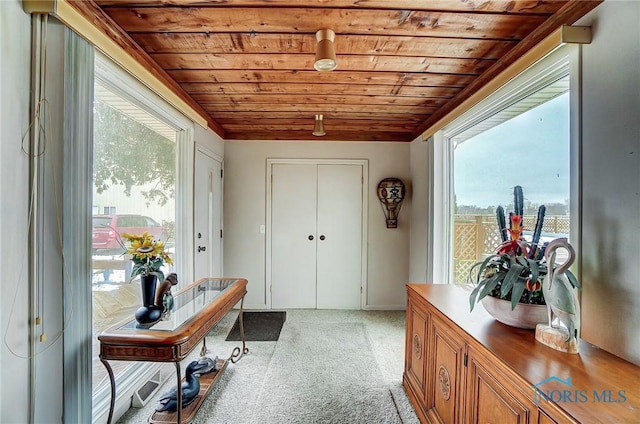 doorway to outside with carpet flooring and wooden ceiling