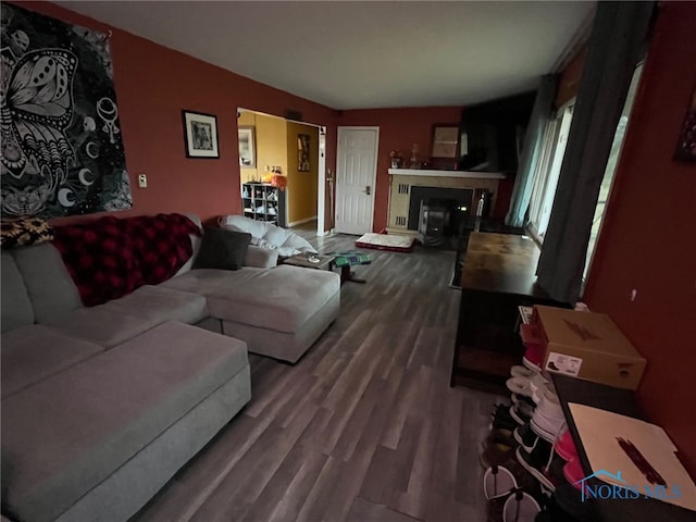 living room with dark hardwood / wood-style floors