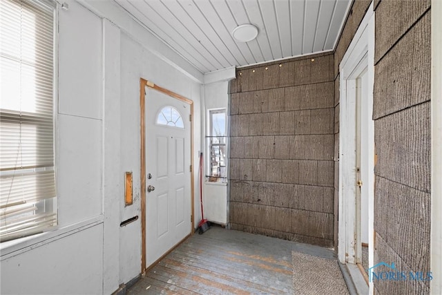 entryway featuring wooden ceiling and light wood-type flooring