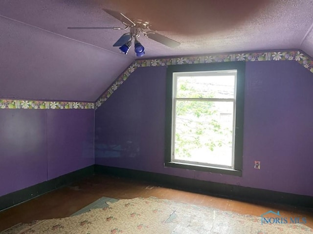 additional living space featuring lofted ceiling, ceiling fan, and a textured ceiling