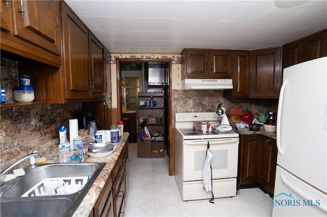 kitchen featuring tasteful backsplash, dark brown cabinets, sink, and white appliances