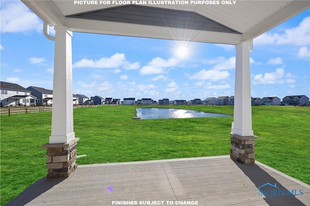 view of patio with a water view