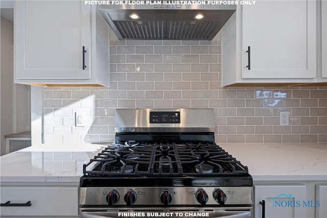 kitchen with stainless steel range with gas stovetop, light stone countertops, extractor fan, and white cabinets