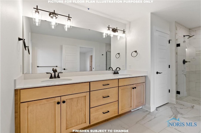 bathroom with vanity and a shower with door