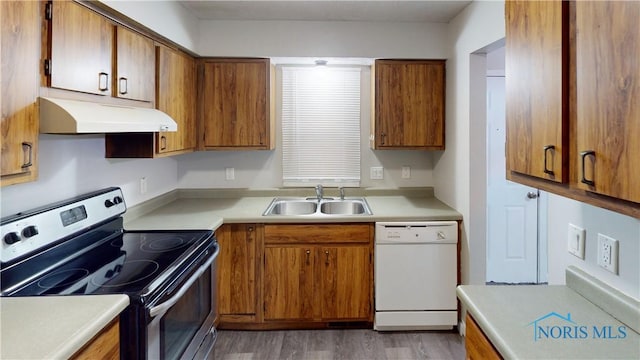 kitchen featuring light wood-type flooring, dishwasher, sink, and electric range