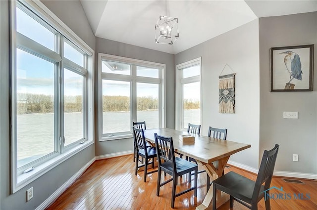 dining room featuring a water view, a chandelier, light hardwood / wood-style floors, and a wealth of natural light